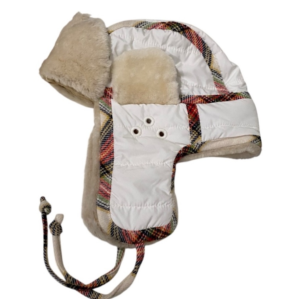 J. Crew Ivory/Red Plaid Lined Fur Trapper Winter Hat Unisex Size M/L